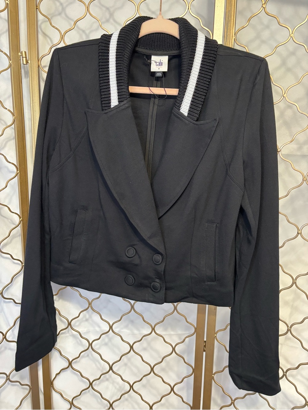CAbi NWOT Black Cropped Varsity Moto Jacket  with Striped Ribbed Collar size 8